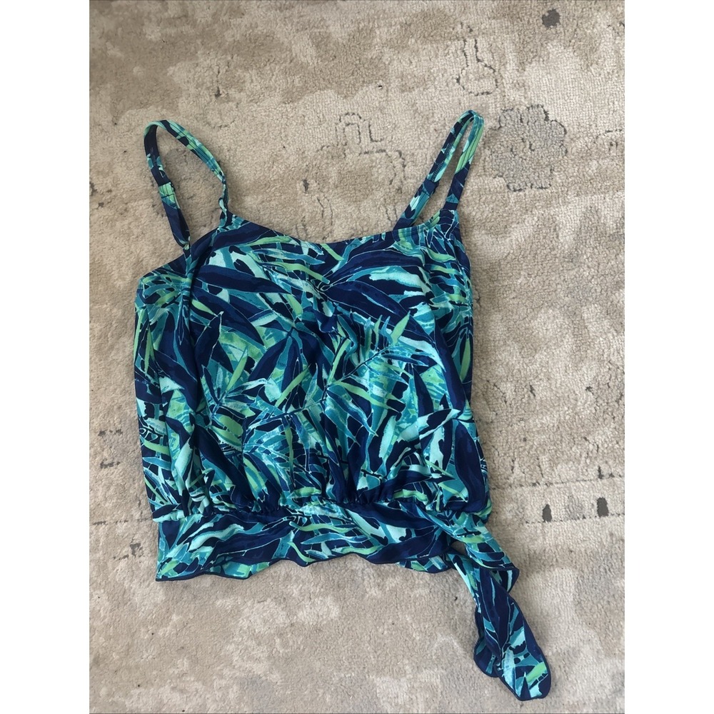Gabar Blouse Style Floral Print Tankini Swim Top Tropical Blue Side Tie Sz 12